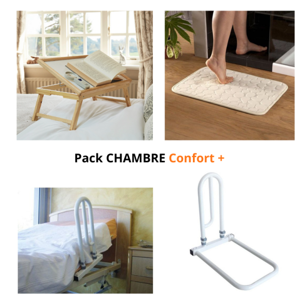 Pack CHAMBRE Confort +, barre latérale de redressement, tapis de descente de lit antidérapant et plateau de lit inclinable